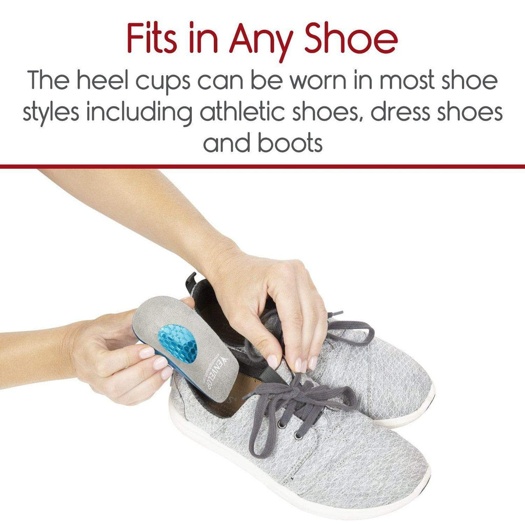 Person inserting a heel cup into a gray athletic shoe with text about heel cups fitting in various shoes.