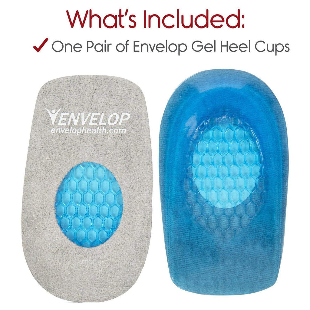 Pair of Envelop Gel Heel Cups on a white background with text indicating what's included.