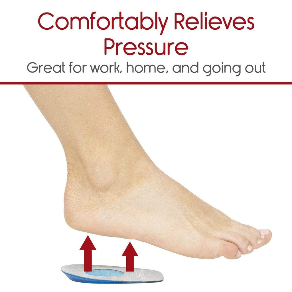 Foot with a small blue device on it, labeled 'Comfortably Relieves Pressure' for various settings.