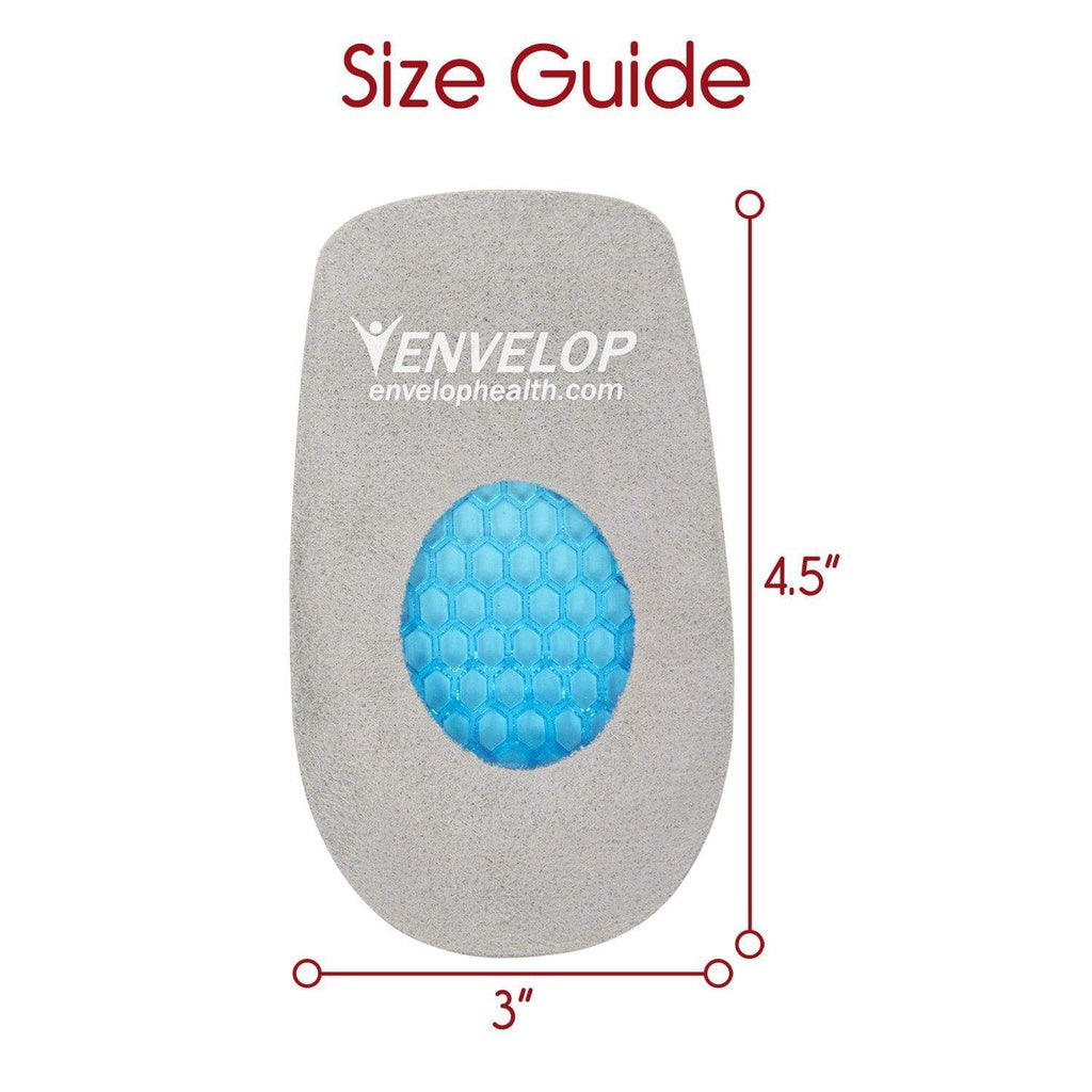 Envelop foot pillow with blue gel insert and size measurement details on a white background