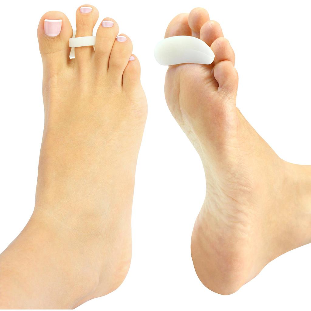 Two feet with bunion correctors on a white background