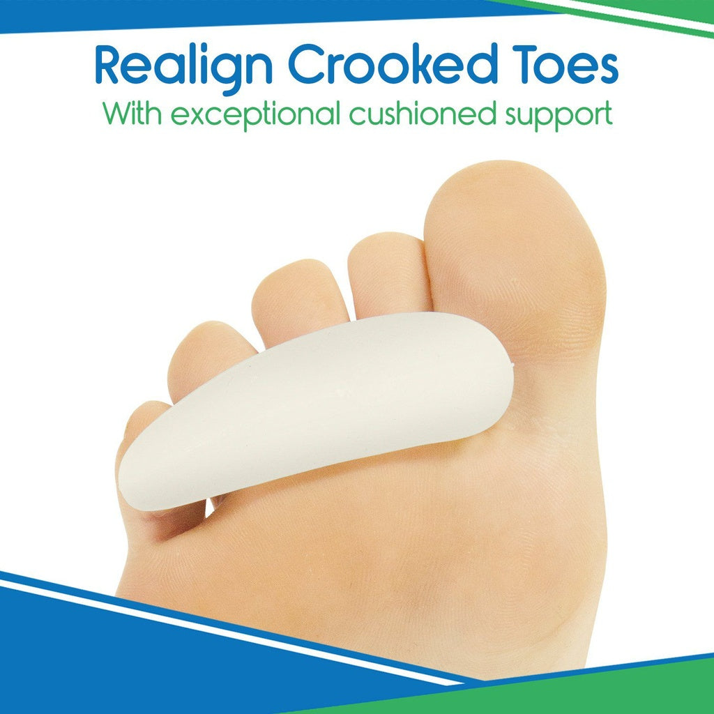 Foot with a toe corrector and text 'Realign Crooked Toes with exceptional cushioned support' on a white background.