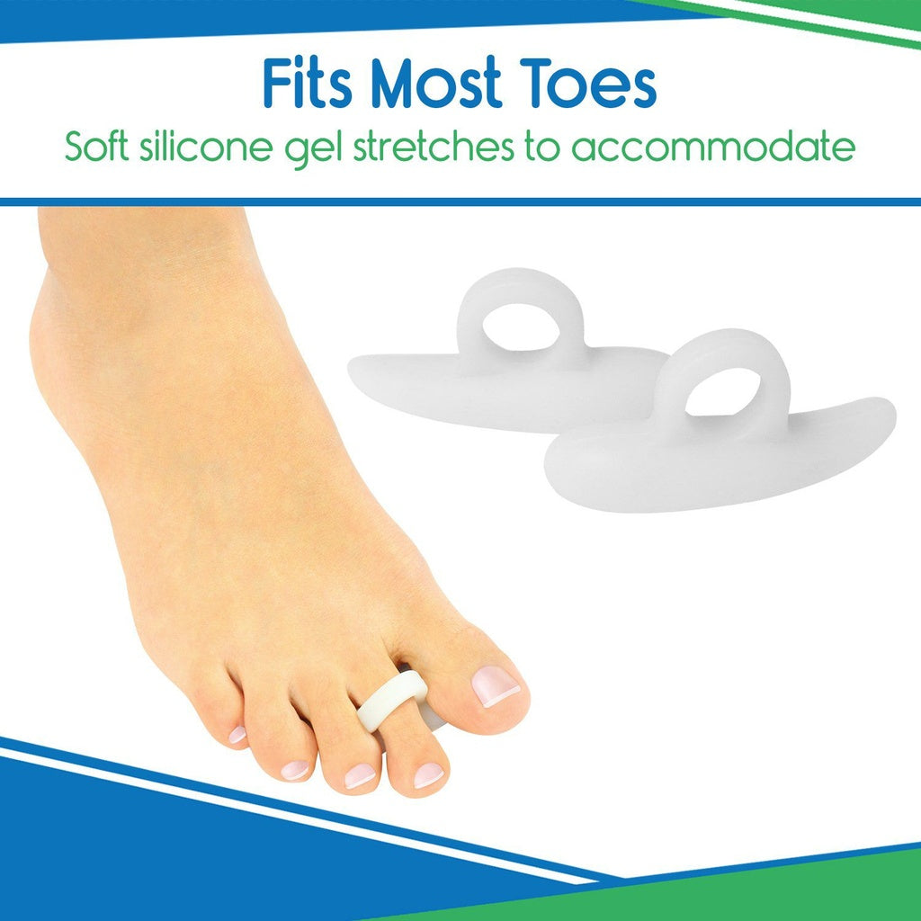 Silicone toe separator on a foot with text indicating it fits most toes and accommodates soft silicone gel.