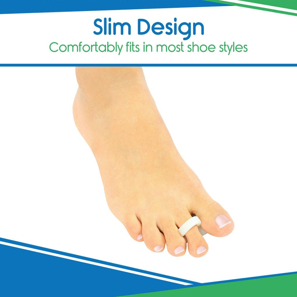 Foot wearing a toe separator with text 'Slim Design Comfortably fits in most shoe styles' on a white background