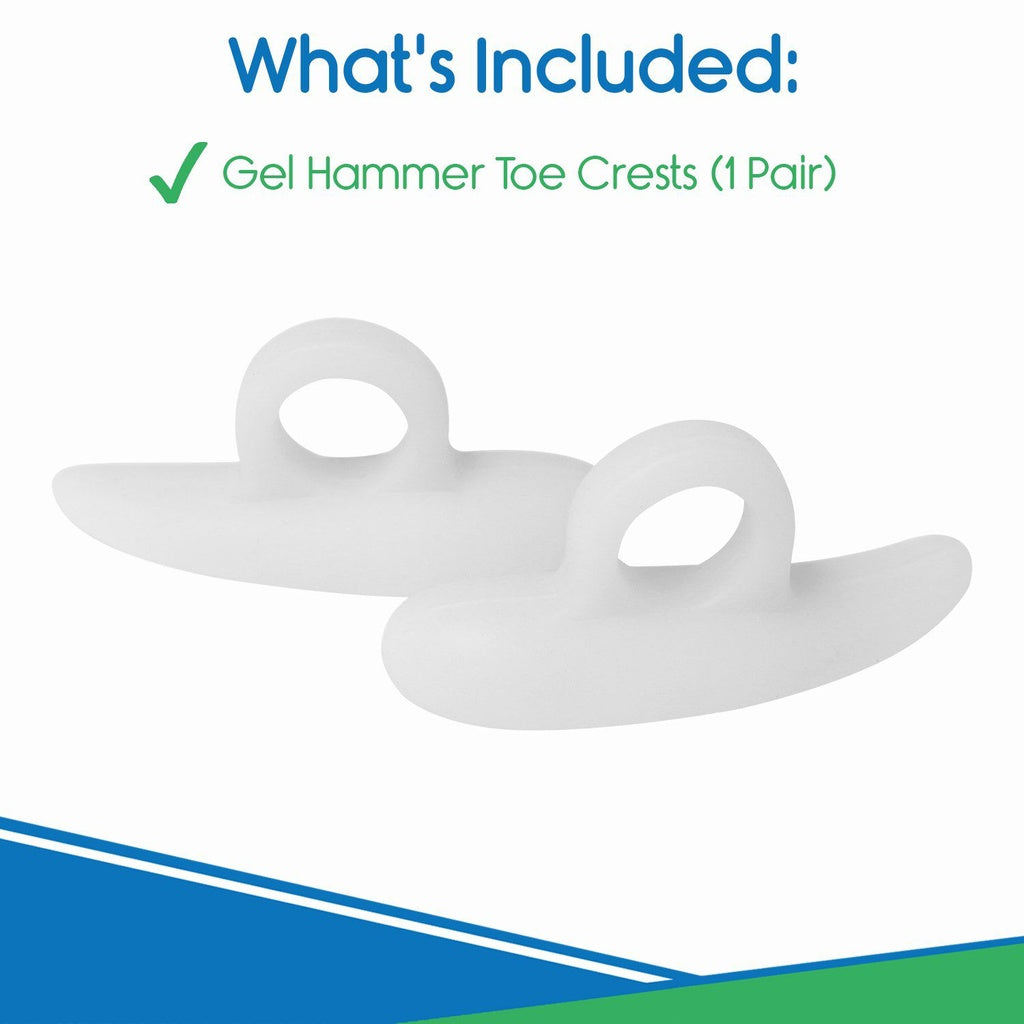 Gel hammer toe crests on a white background with text indicating what's included.