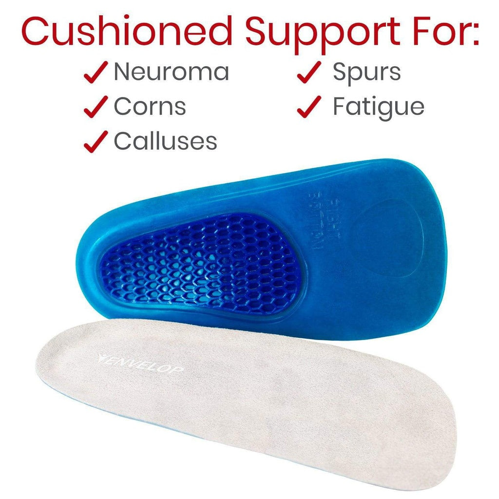 Blue and white shoe insoles with text highlighting benefits on a white background