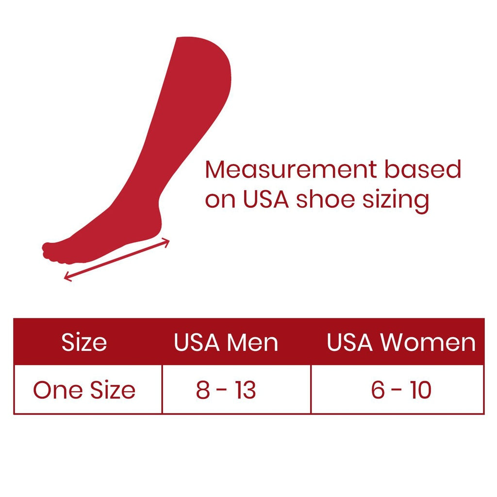 Measurement chart for compression socks based on USA shoe sizing with a red sock icon.