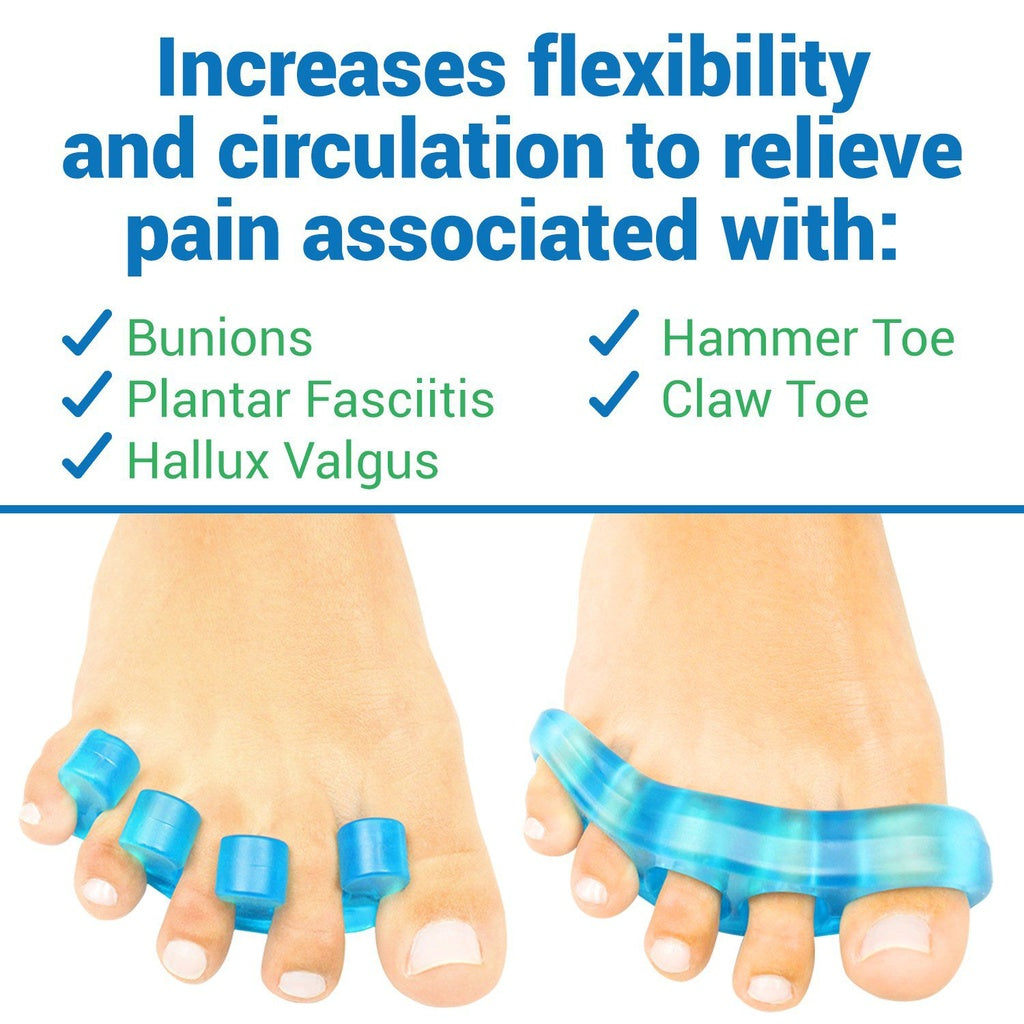 Blue toe separators on feet with text about foot health benefits