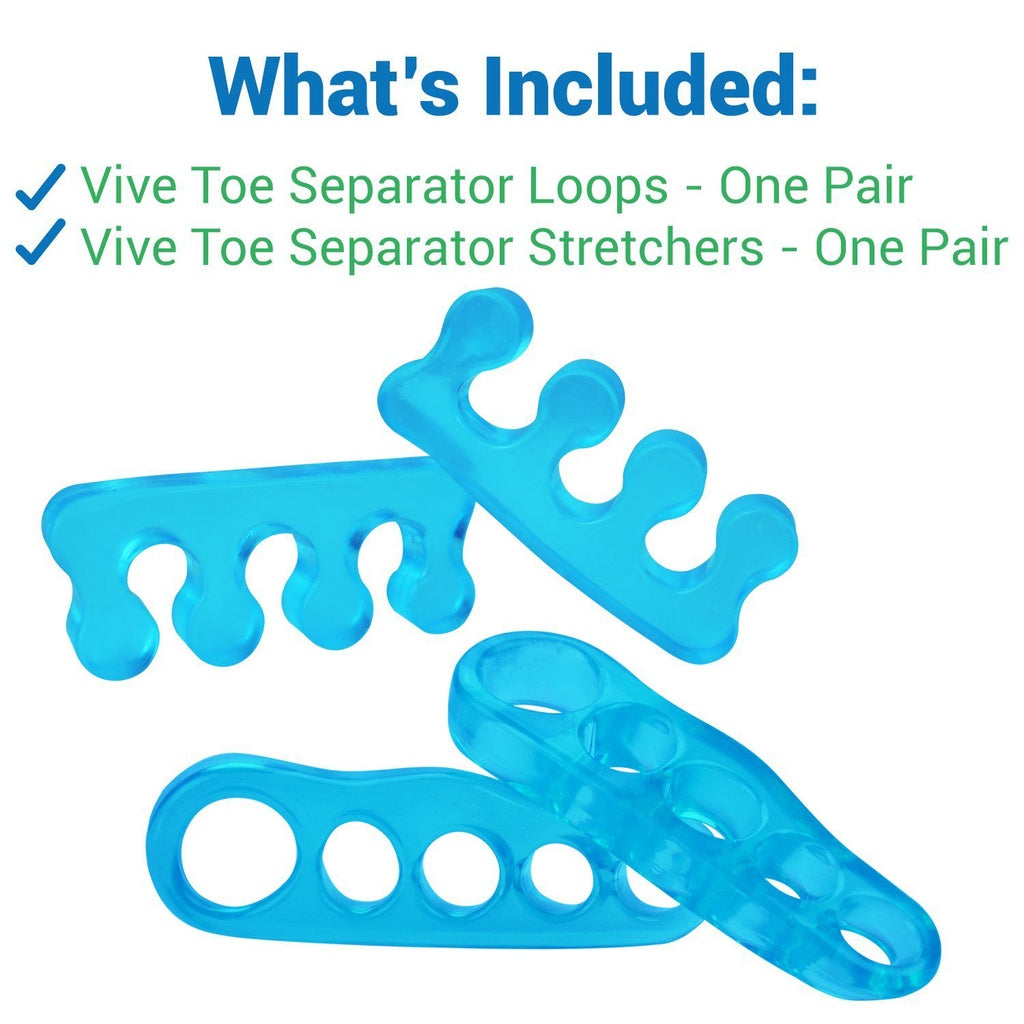 Blue toe separator loops and stretchers with text indicating what's included on a white background.