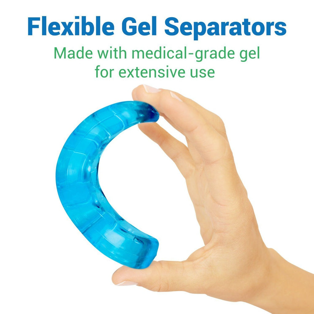 Hand holding a blue flexible gel separator with text about medical-grade gel use.