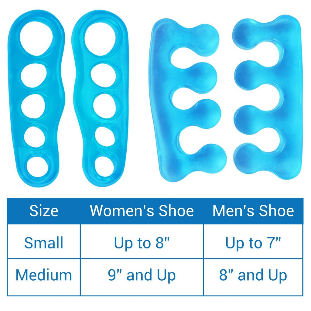 Blue foot-shaped gel pads with size chart for women's and men's shoes.