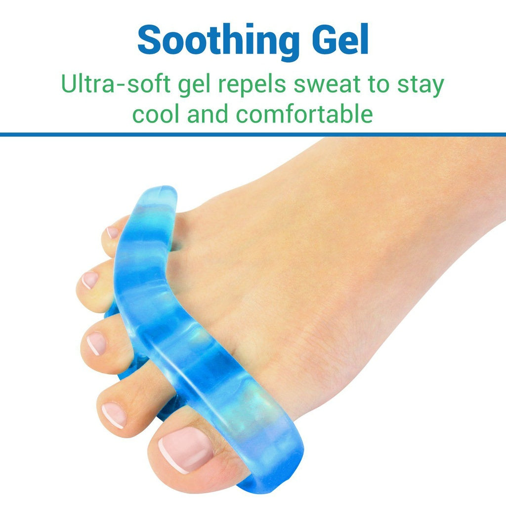 Blue gel pad on a foot with text about soothing gel repelling sweat.