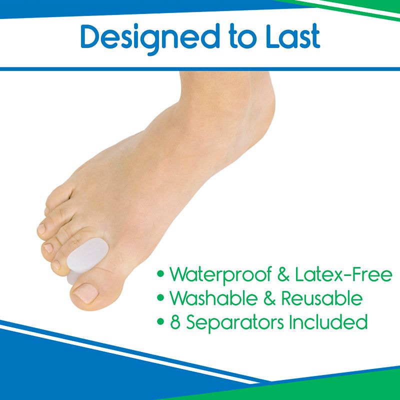 Foot with toe separator and product features listed on a white background