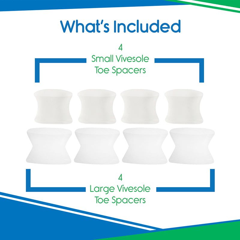 Product packaging showing small and large Vivesole toe spacers with text indicating quantity on a white background.