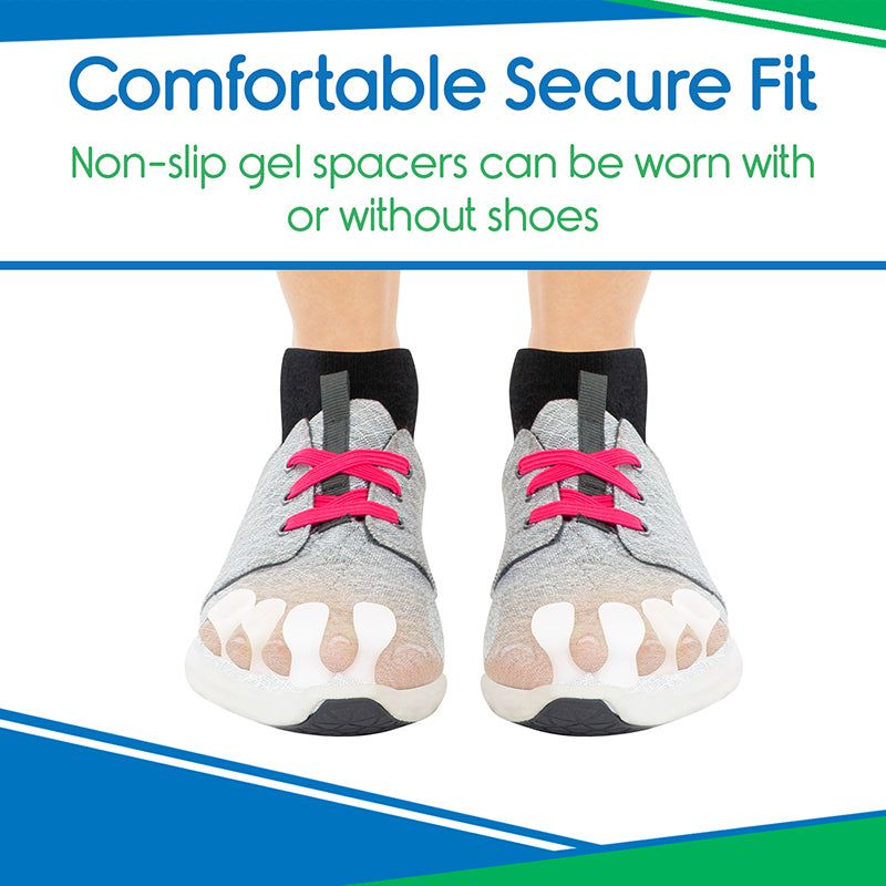 Gray toe-separated shoes with pink laces worn by a person, on a white background with text about non-slip gel spacers.