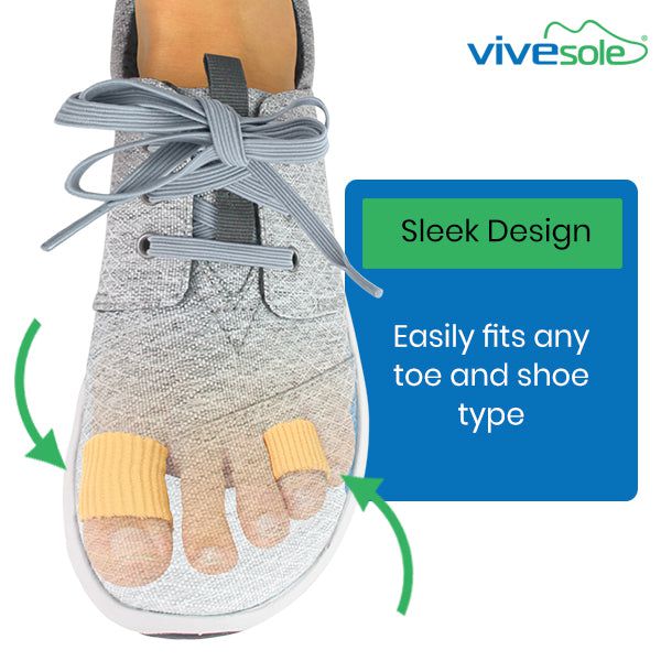 Toe separators in a shoe with 'Vivesole' branding, highlighting 'Sleek Design' and 'Easily fits any toe and shoe type'.