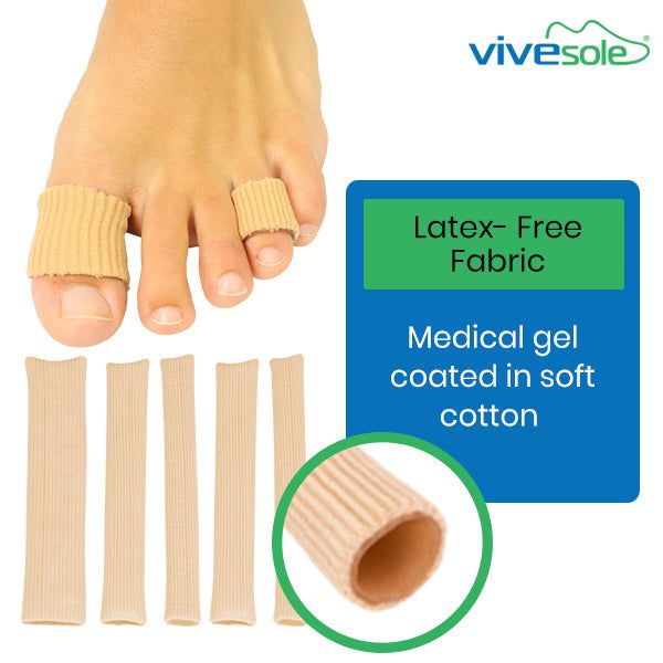 Toe separators with Vivesole branding, showing latex-free fabric and medical gel coating.
