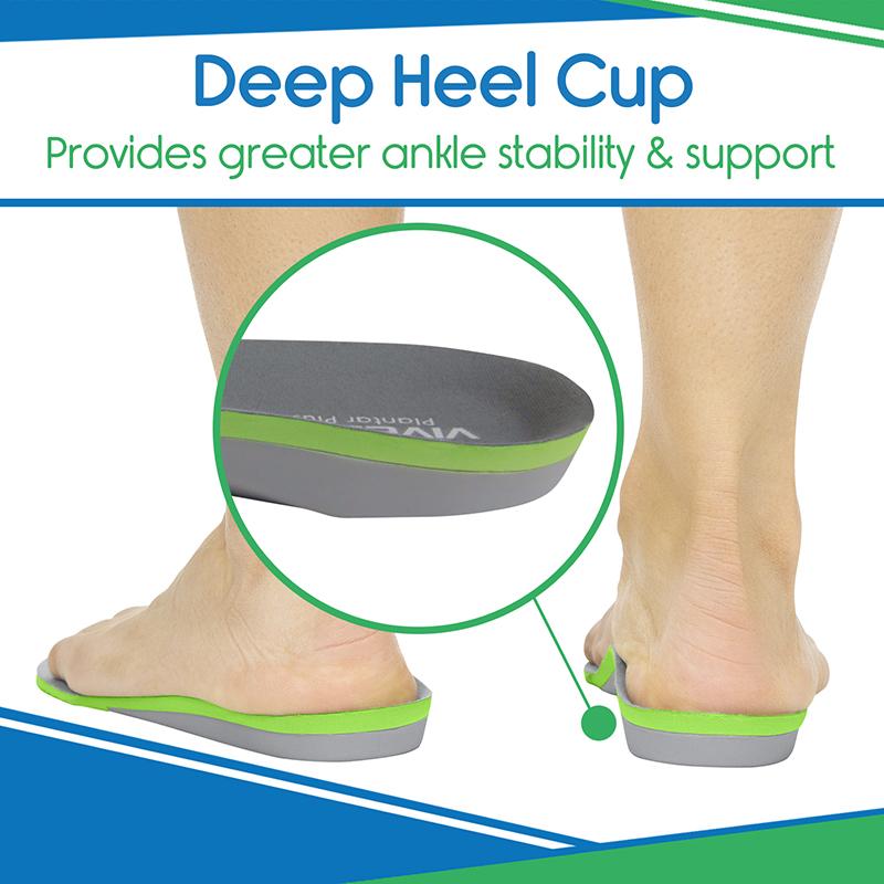 Deep heel cup with ankle support on a person's foot, showing product feature and benefits.