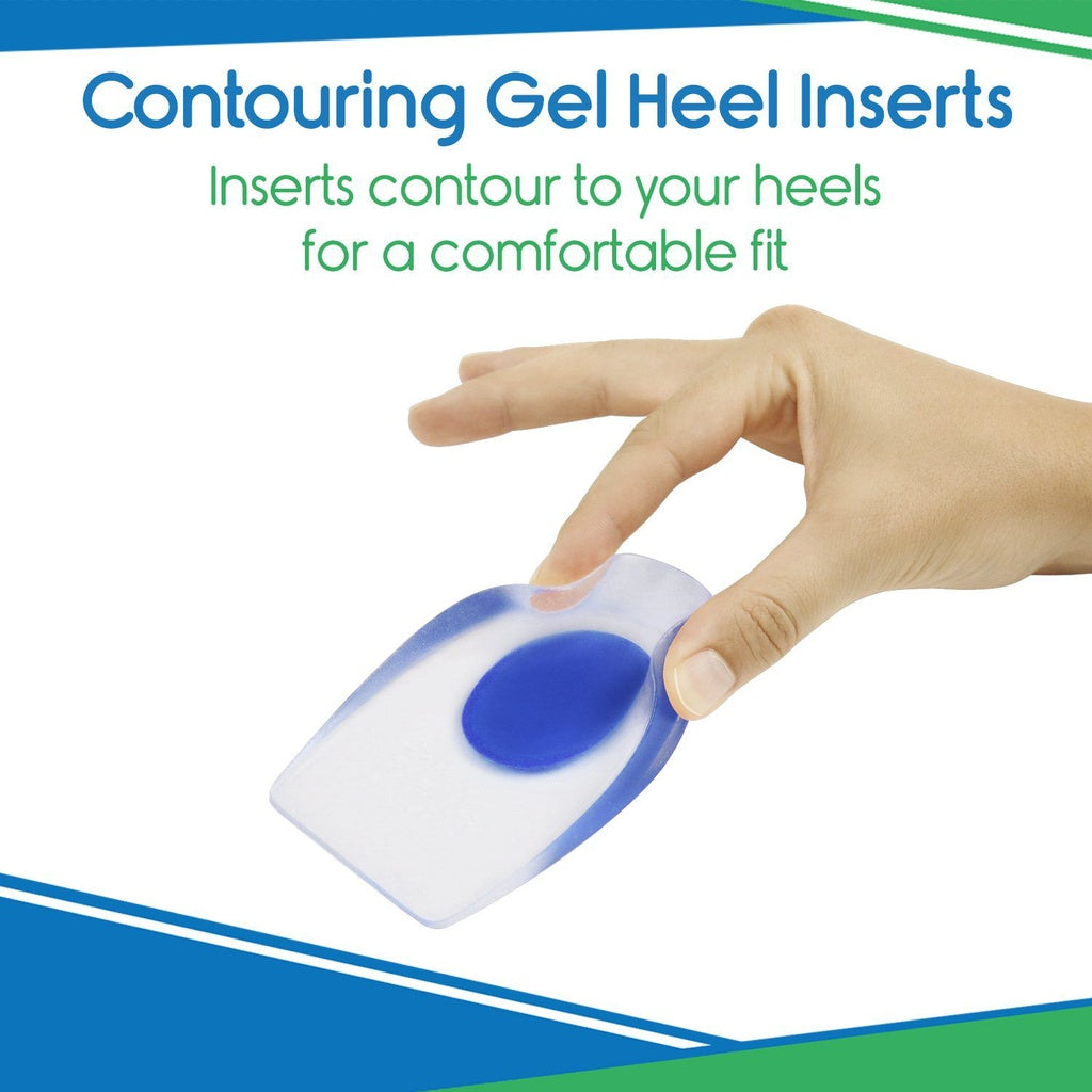 Contouring gel heel insert with hand holding it against a white background
