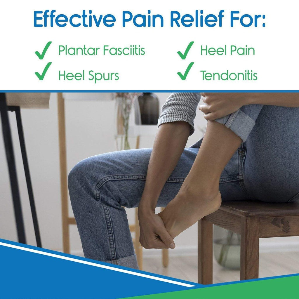 Person sitting on a chair with one leg crossed over the other, holding foot, with text about effective pain relief for plantar fasciitis, heel pain, heel spurs, and tendonitis.