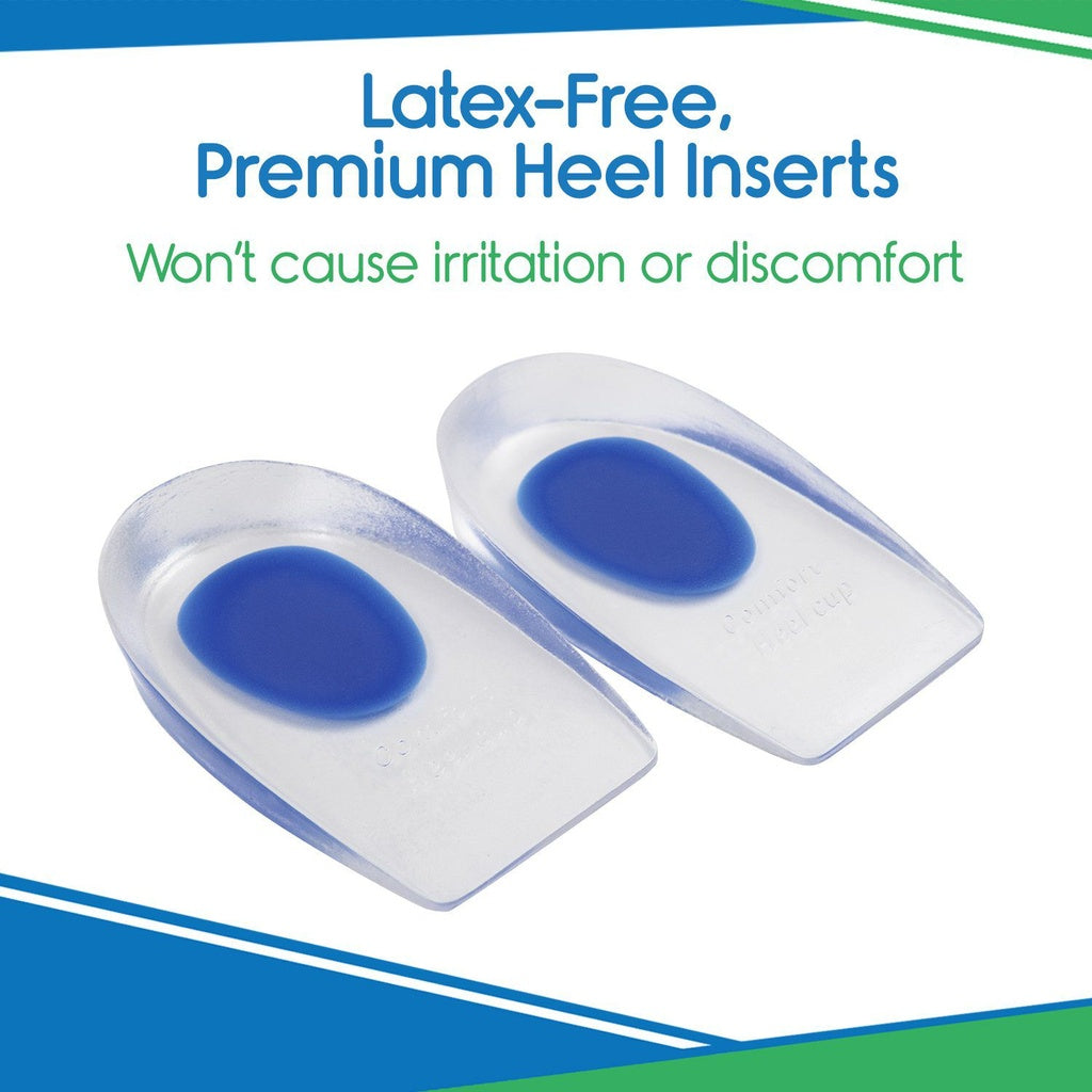Pair of blue and clear heel inserts with text about being latex-free and premium.