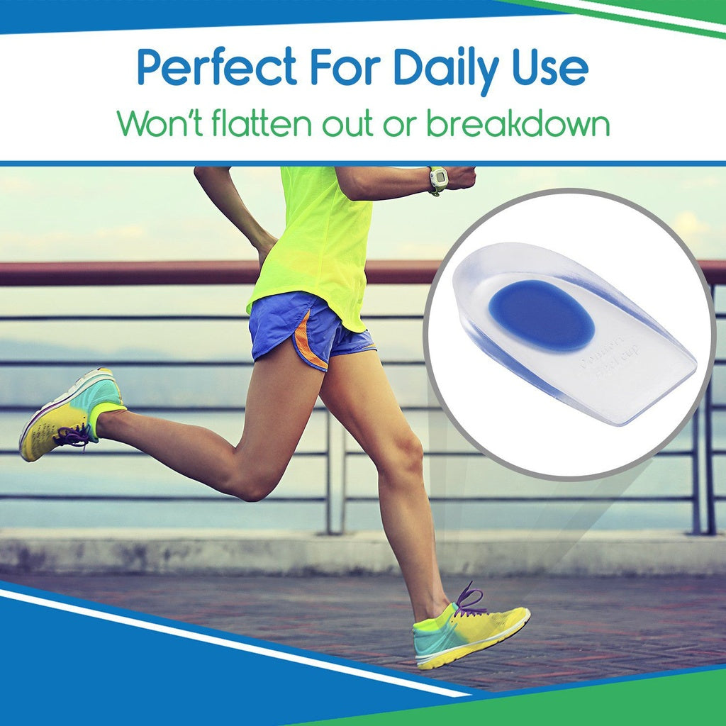 Person running with a focus on a blue and white product, likely a running shoe insert, with text about its durability.