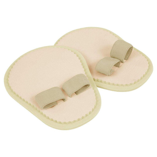 Pair of beige slippers with elastic straps on a white background