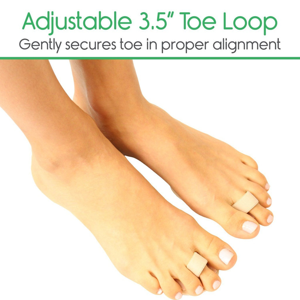 Adjustable 3.5" toe loop worn on toes with text explaining its function.
