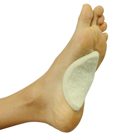 Foot with a white arch support pad on a white background