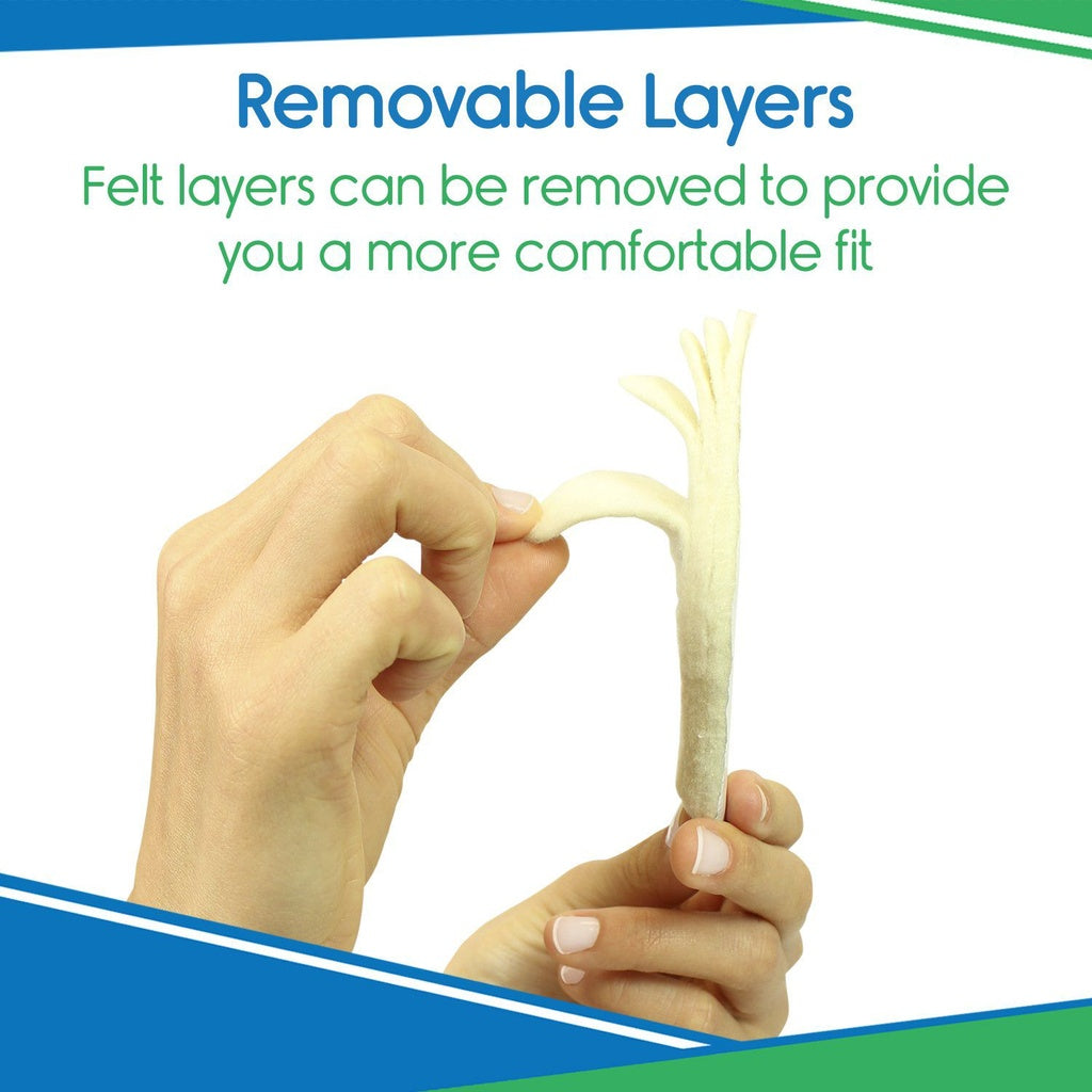 Hands holding a flexible product with text about removable layers on a white background