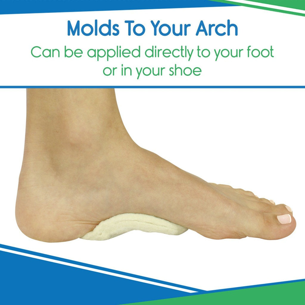 Foot with a arch support pad and text 'Molds To Your Arch' on a white background