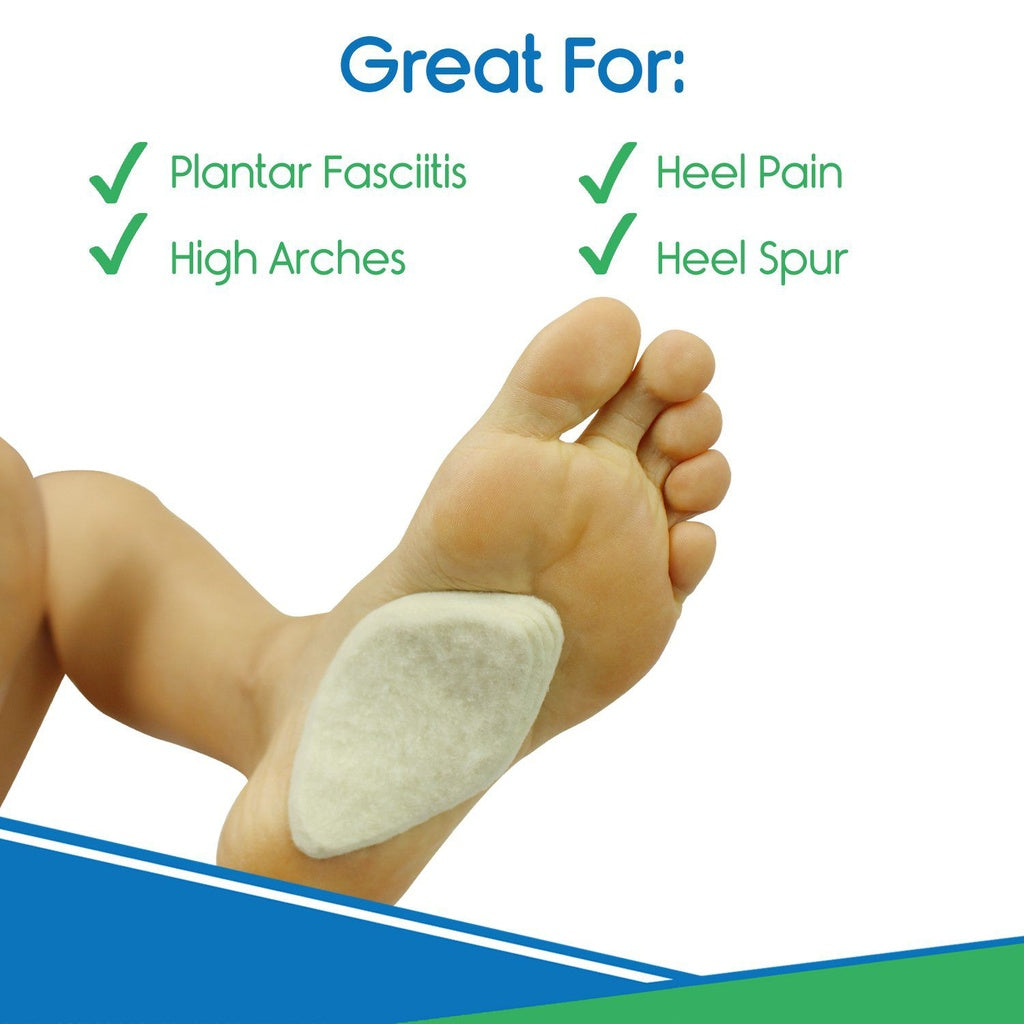 Foot with a heel pad and text indicating it's great for plantar fasciitis, high arches, heel pain, and heel spur.