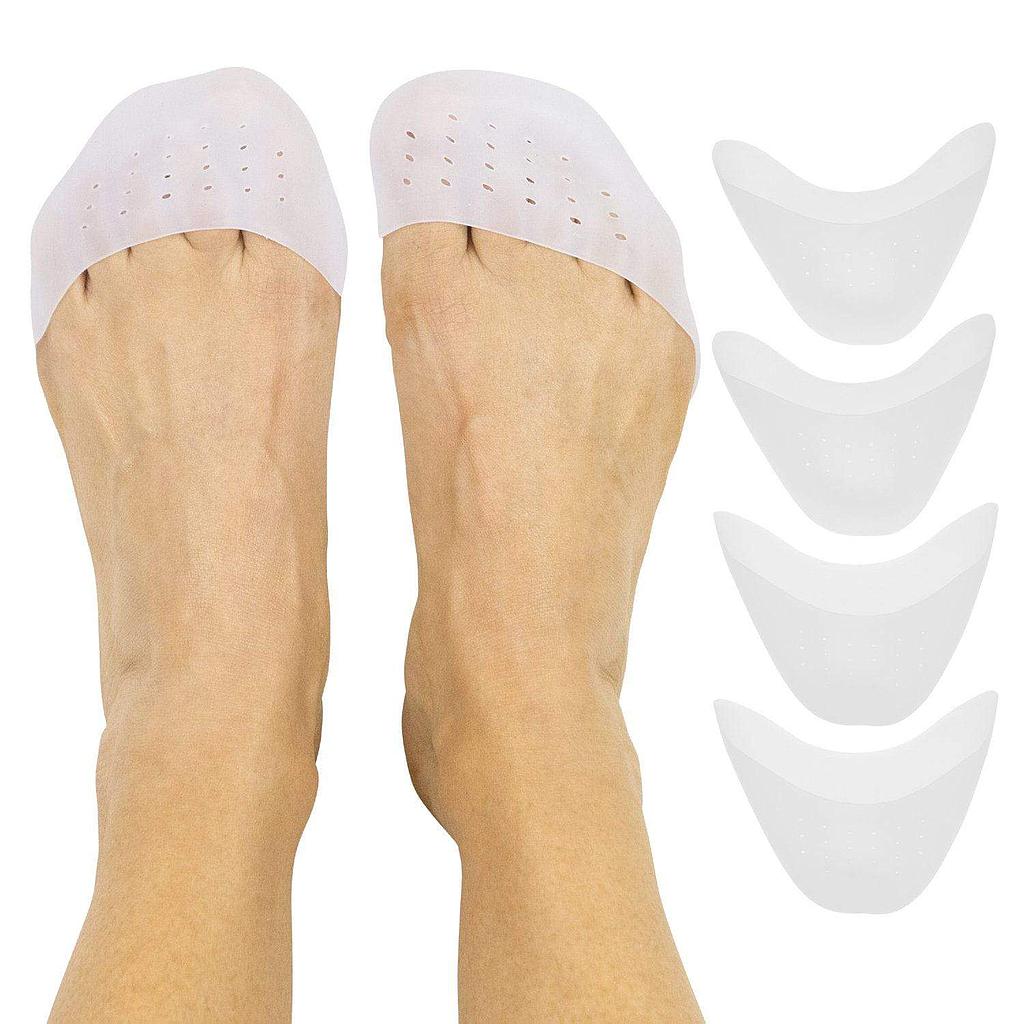 White silicone shoe inserts on a person's feet with additional inserts displayed above.