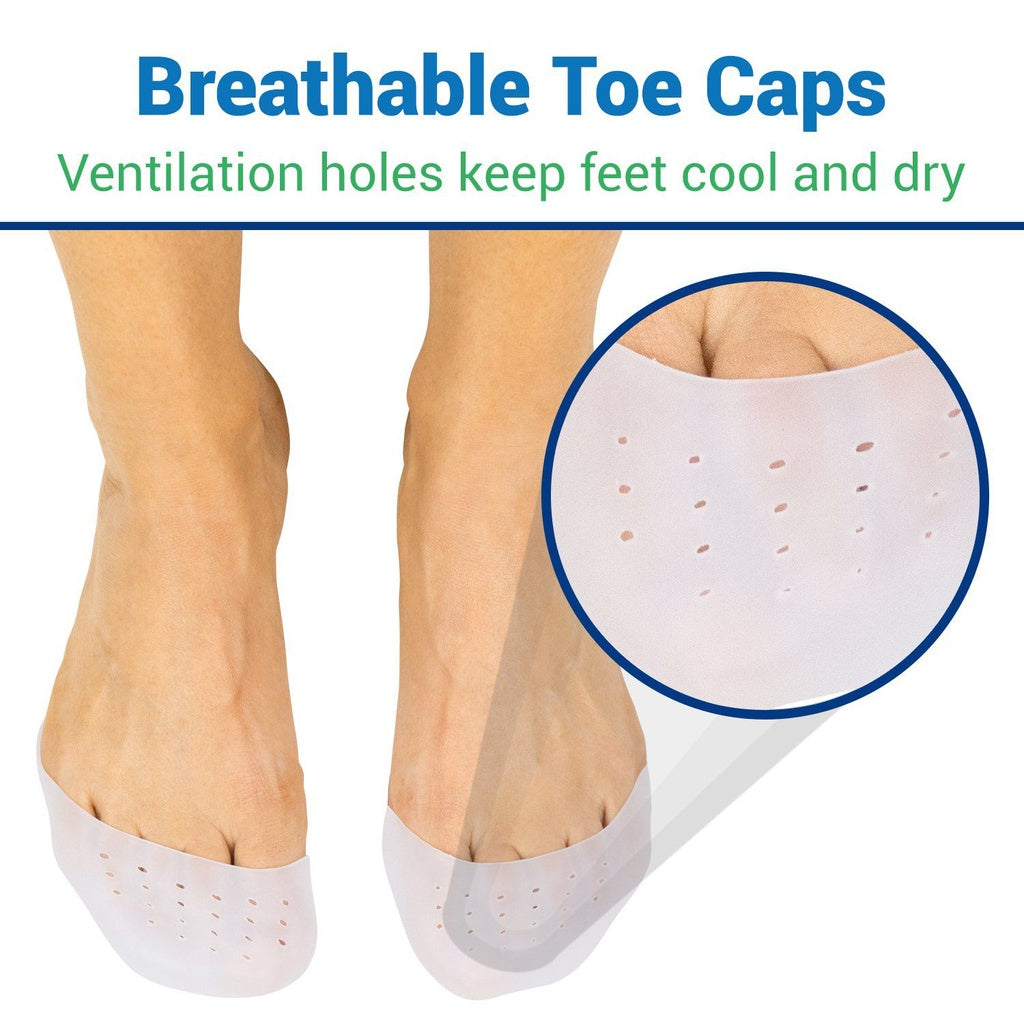 Breathable toe caps with ventilation holes on feet, showing close-up of design.