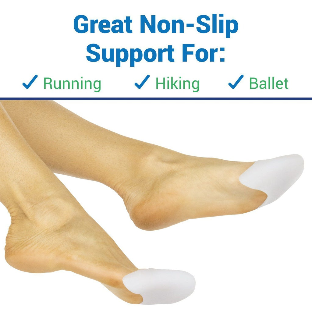White socks with non-slip tips on feet, labeled for running, hiking, and ballet.