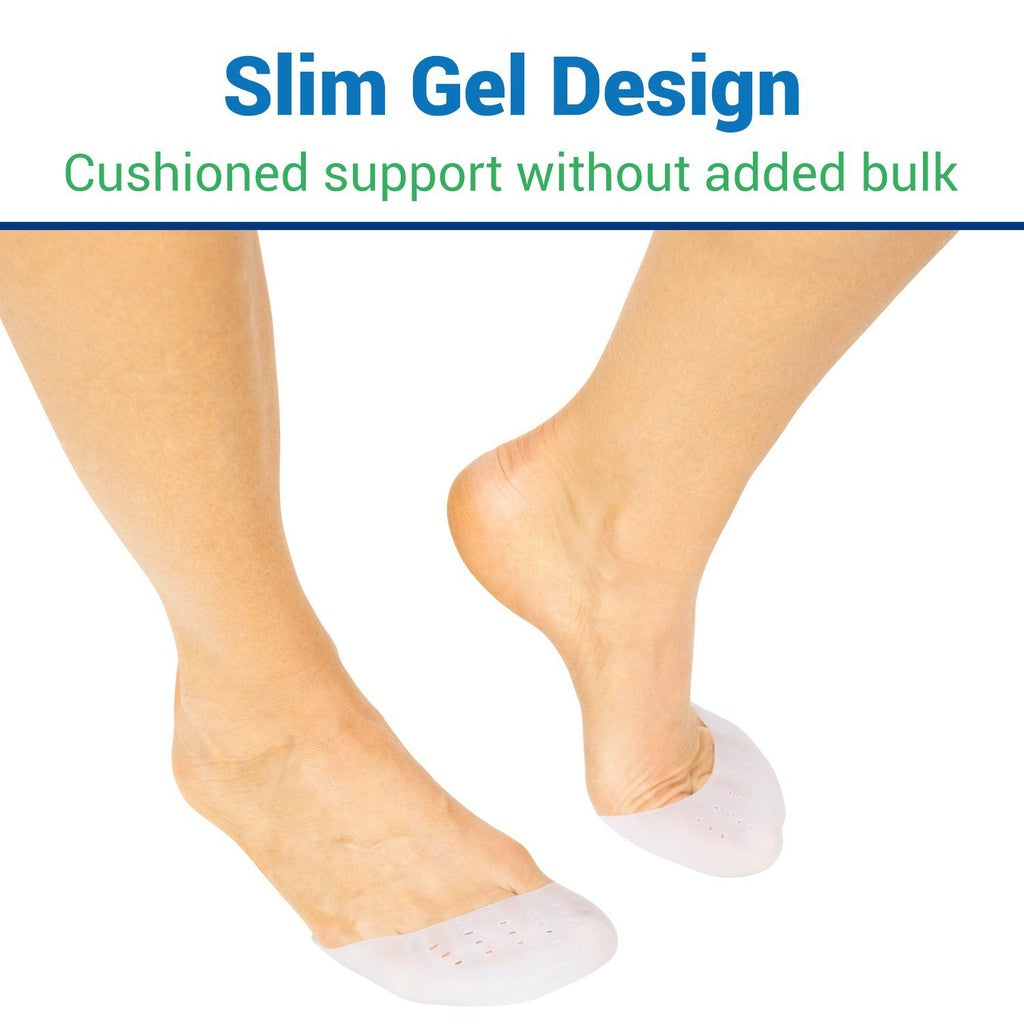 White gel socks on feet with text about slim gel design and cushioned support.