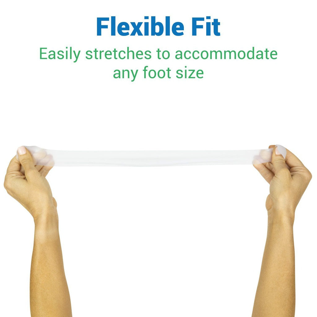 White band with text 'Flexible Fit' and 'Easily stretches to accommodate any foot size' on a white background.