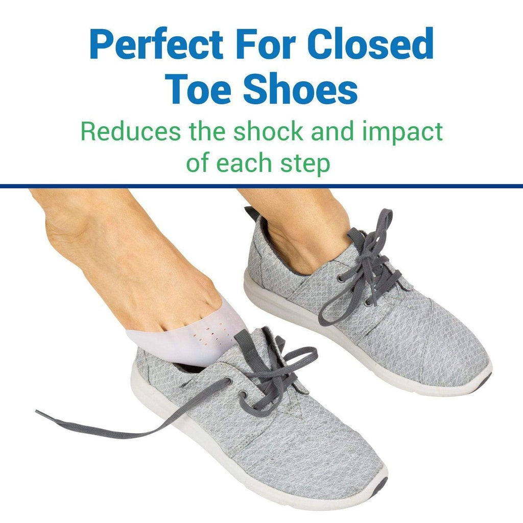 Gray sneakers worn with socks, text about closed-toe shoes and shock reduction.