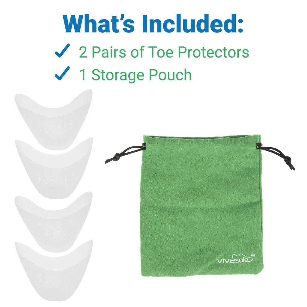White toe protectors with a green storage pouch on a white background, featuring Vivesole branding.