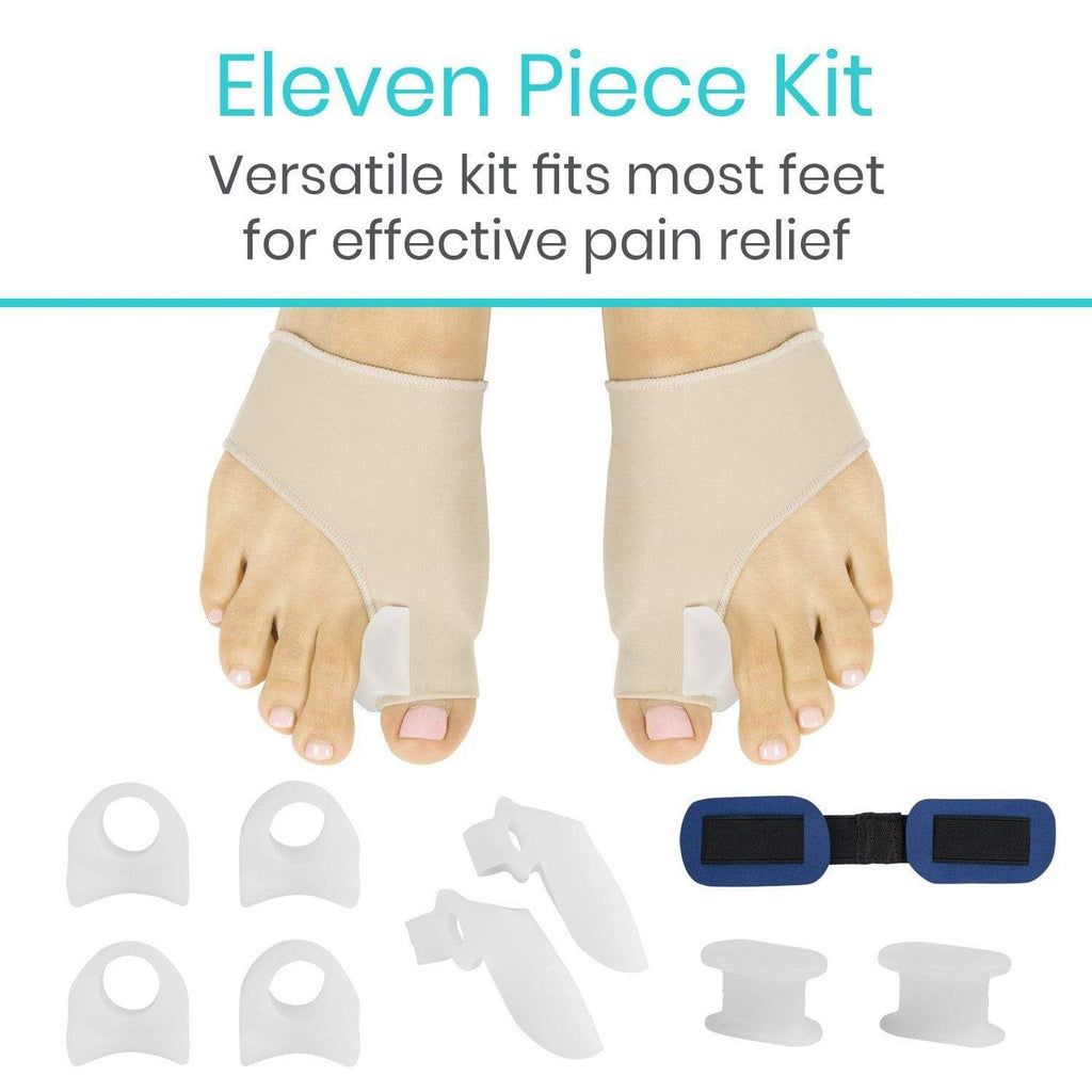 Eleven piece kit for foot pain relief with two feet wearing separators and additional components on a white background.