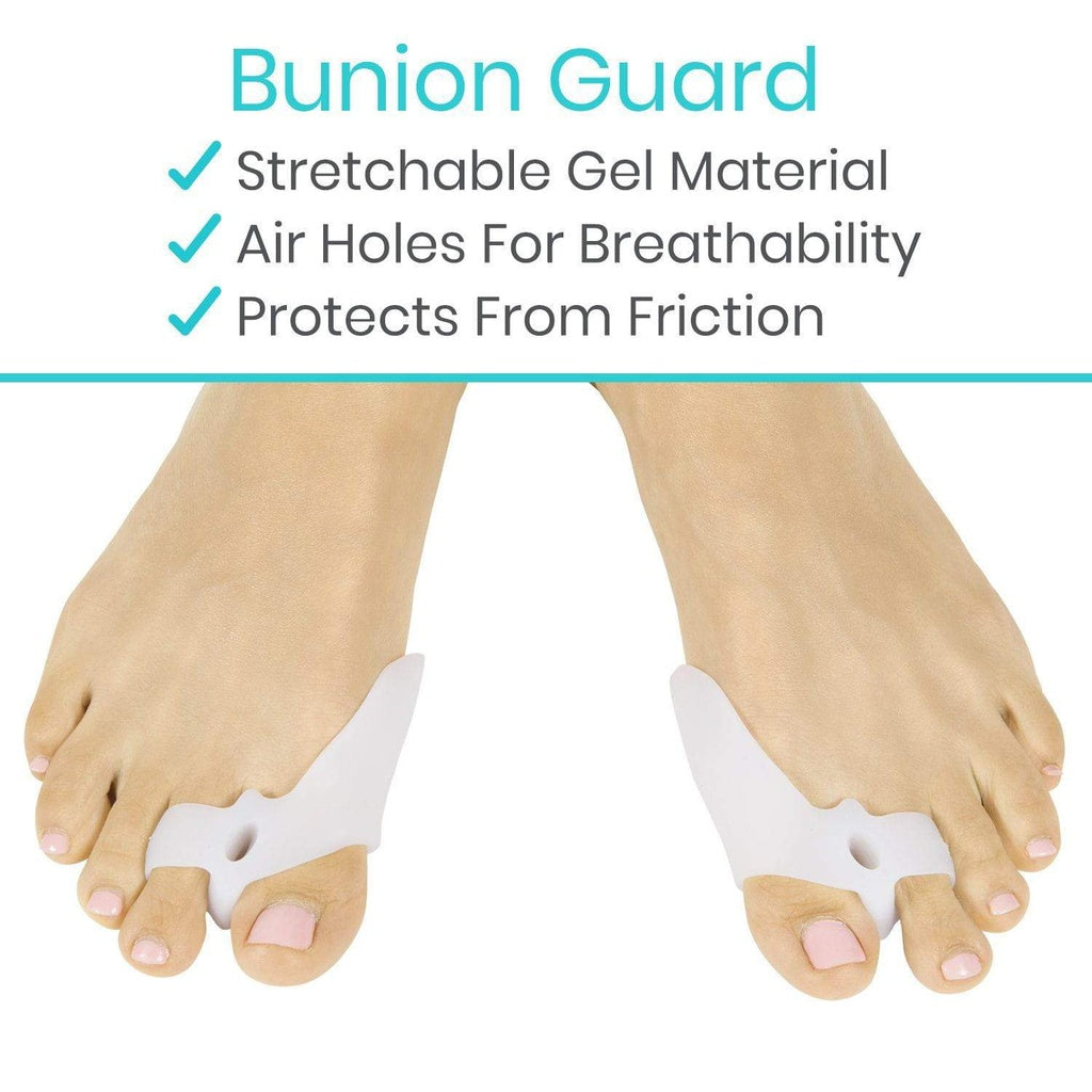 Bunion guard with stretchable gel material and air holes for breathability on a white background.