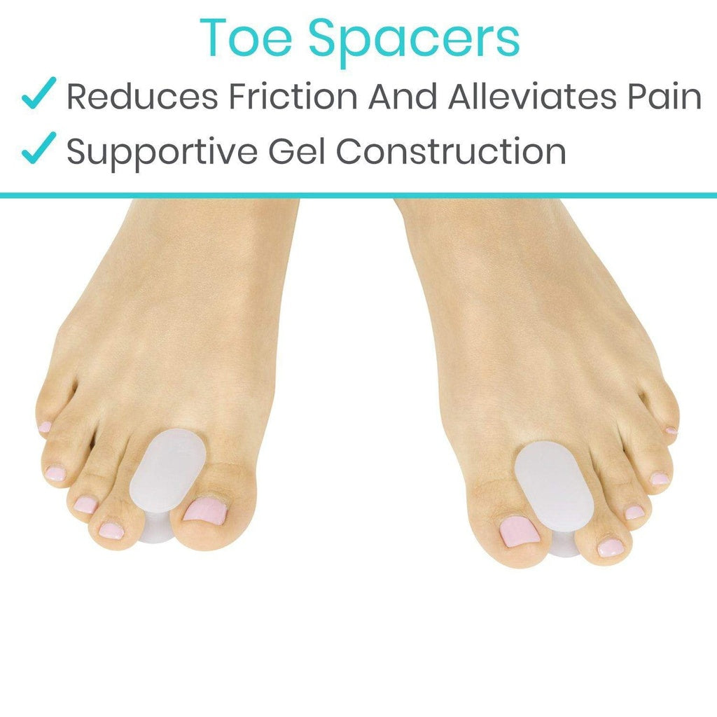Toe spacers on feet with text highlighting benefits