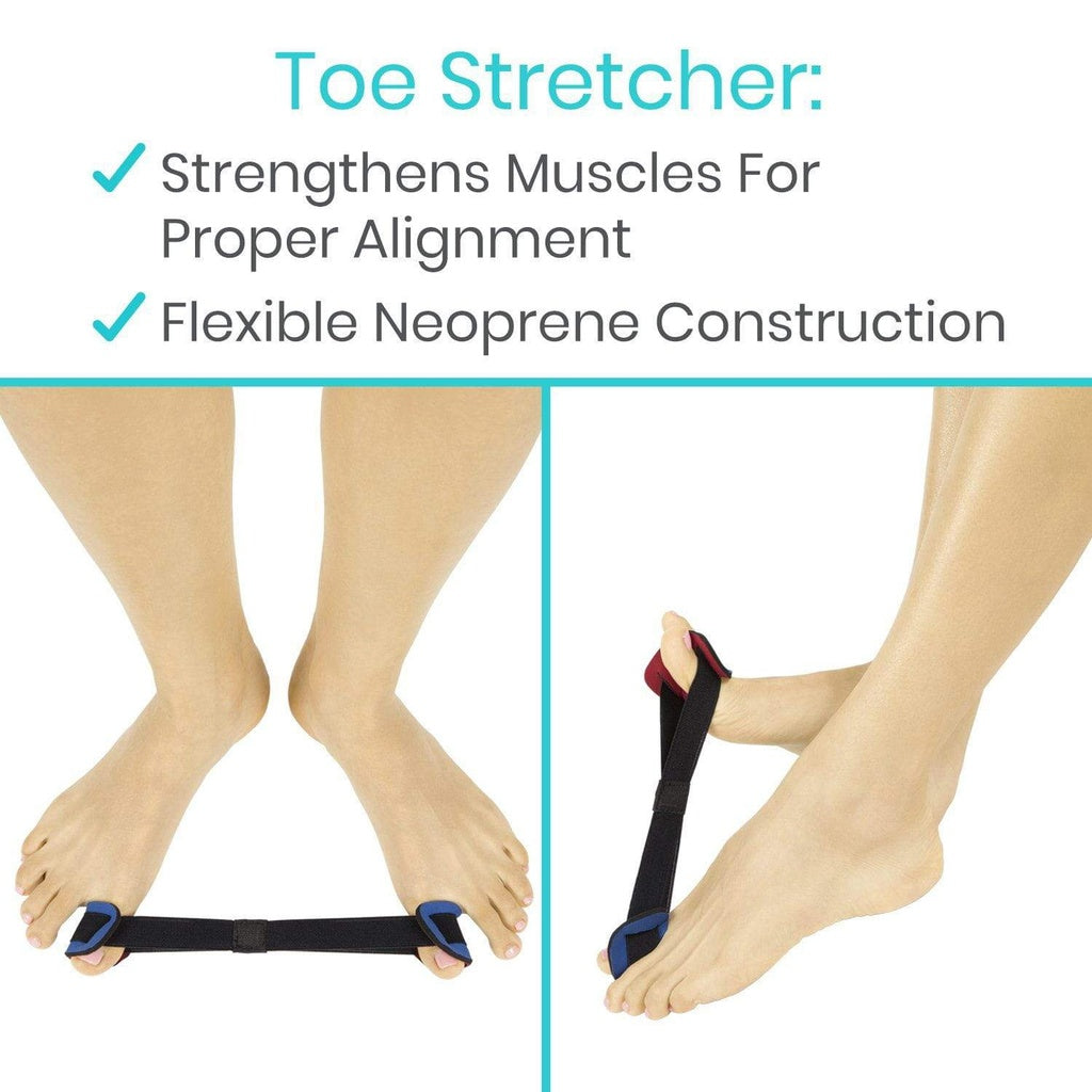 Toe stretcher with text highlighting benefits on a white background