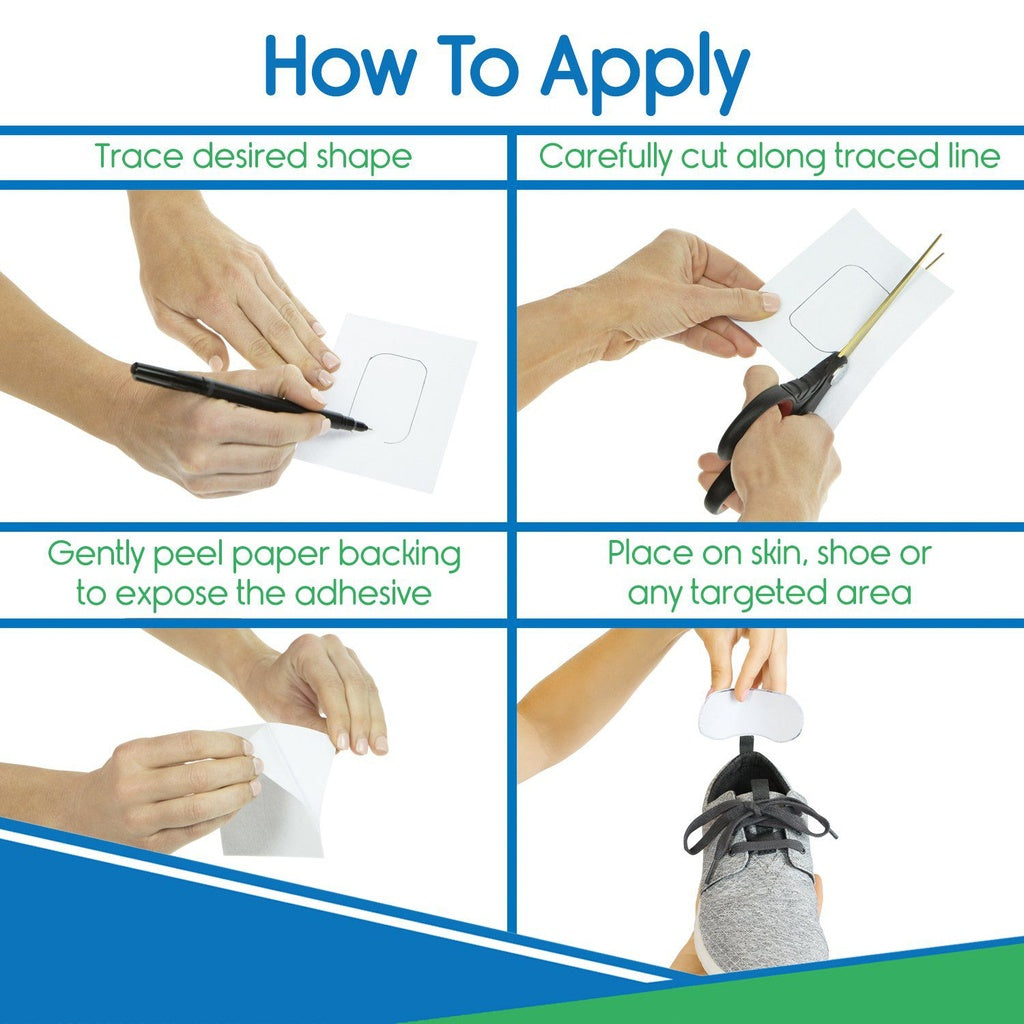 Step-by-step guide on how to apply a product with text and images of hands performing each step.