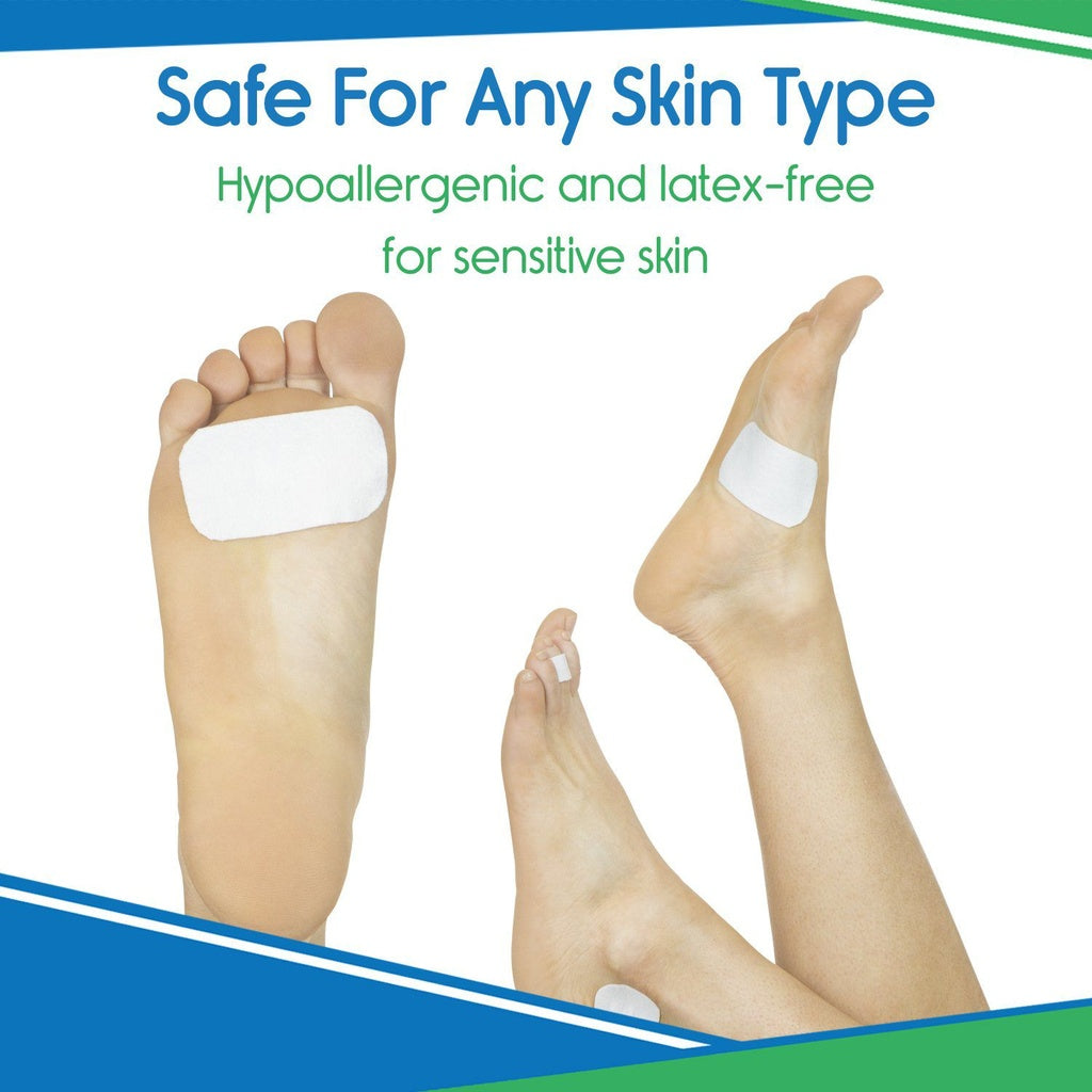Feet with adhesive patches on a white background with text about skin safety.