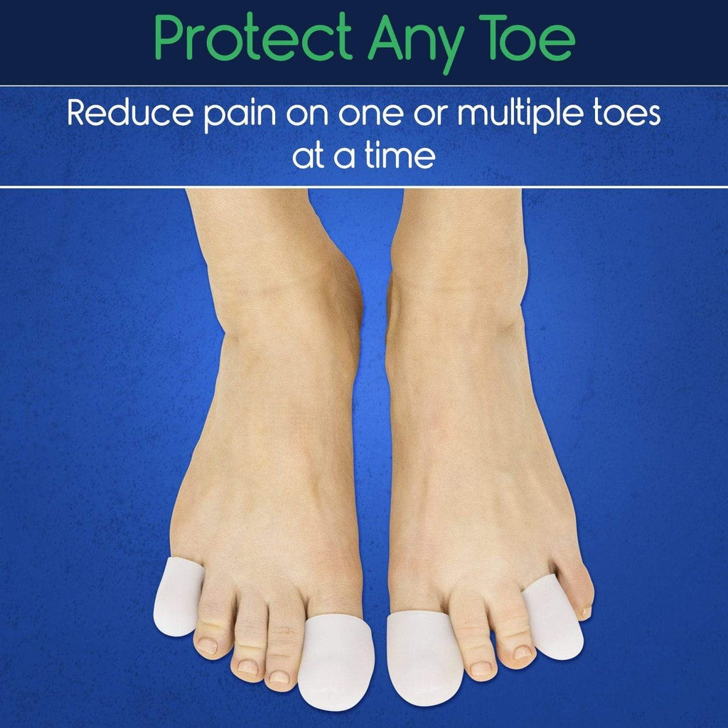 Feet with toe separators on a blue background, promoting pain relief for toes.