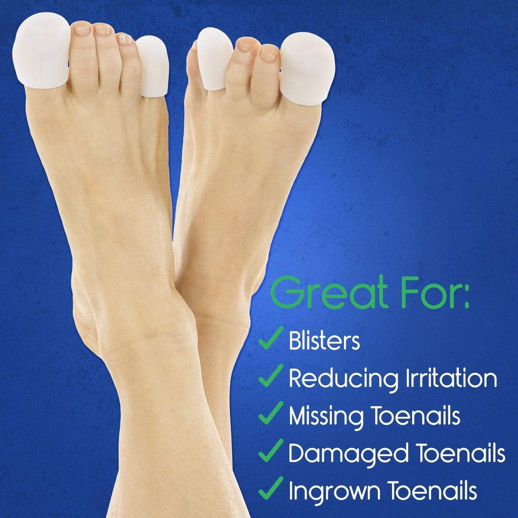 Feet with toe separators on a blue background with text about their uses.