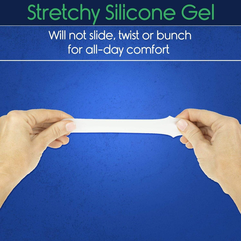 Hands stretching a strip of stretchy silicone gel against a blue background with text about its properties.