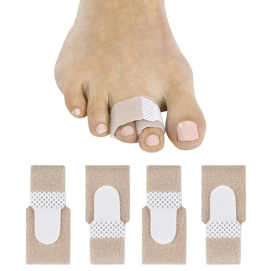 Bunion corrector on a foot with packaging displayed below