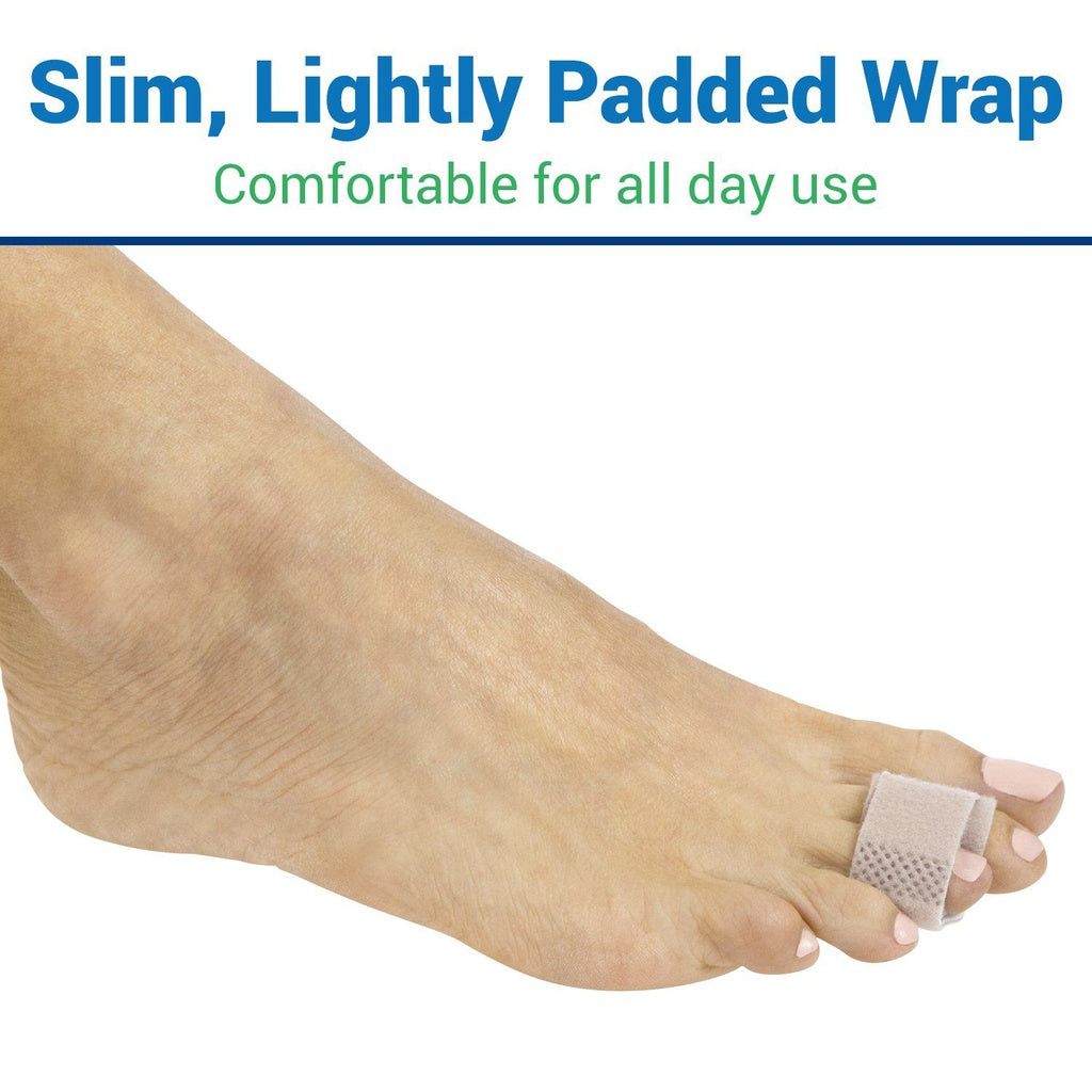 Slim, lightly padded wrap on a foot with text indicating comfort for all day use.